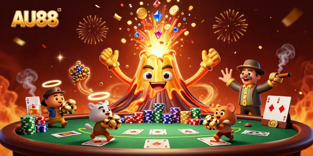 Experience a thrilling win at AU88 as the golden volcano erupts with treasures and poker riches.