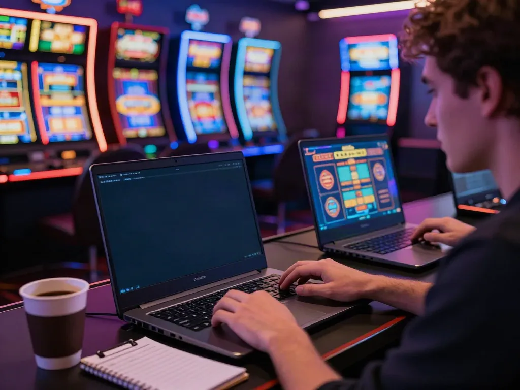 Exciting online gambling scene featuring sapporo88 slots with vibrant graphics and gaming strategy notes.