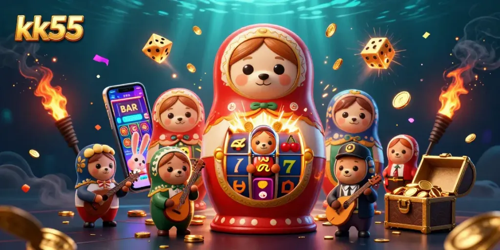 Engage with kk55's vibrant 3D casino scene featuring dynamic slot machine action and cheerful characters.