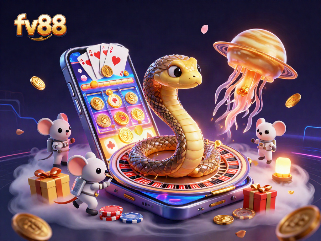 fv88 shows vibrant astronaut mice betting around a cosmic roulette wheel in this engaging casino illustration.