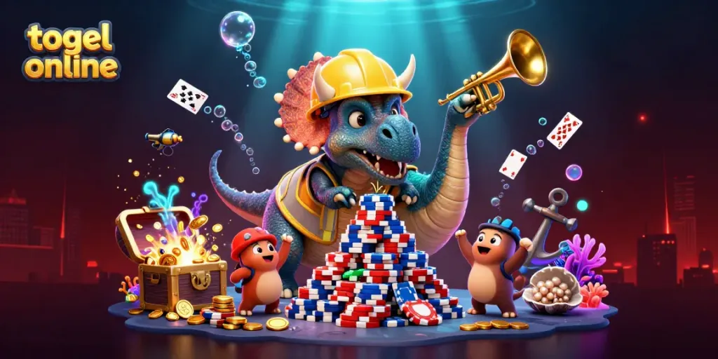 Momen seru togel online dimana triceratops sedang membangun piramid chip poker dikelilingi oleh lampu bioluminescent.