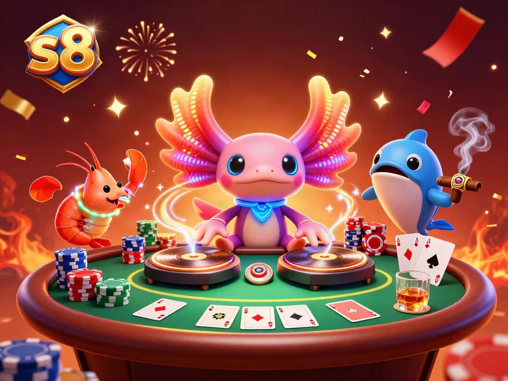Experience the vibrant energy of s8 with an engaged axolotl DJ and colorful shrimp surrounded by poker elements.