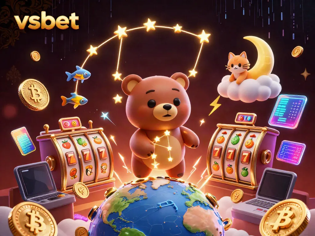 Experience vibrant wins at vsbet with a dazzlingly rich 3D scene of stars, jackpots, and crypto coins.