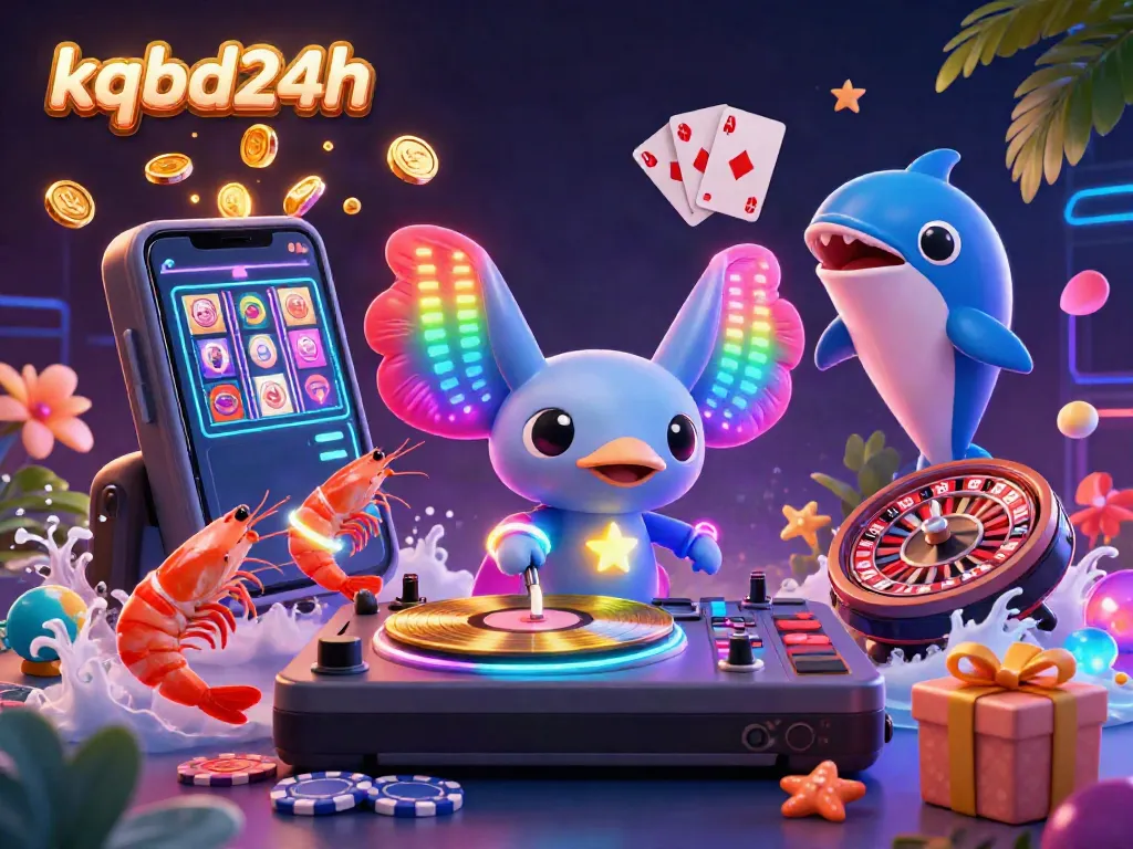 Experience vibrant fun at kqbd24h with a neon axolotl DJ, glowing creatures, and immersive gaming elements!