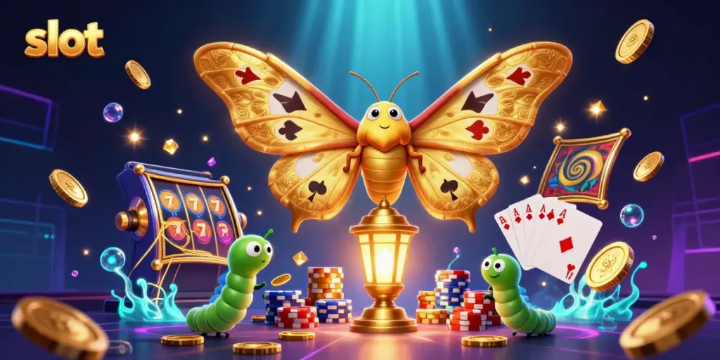 Engage with an exciting slot scene featuring a 3D moth and vivid casino elements.