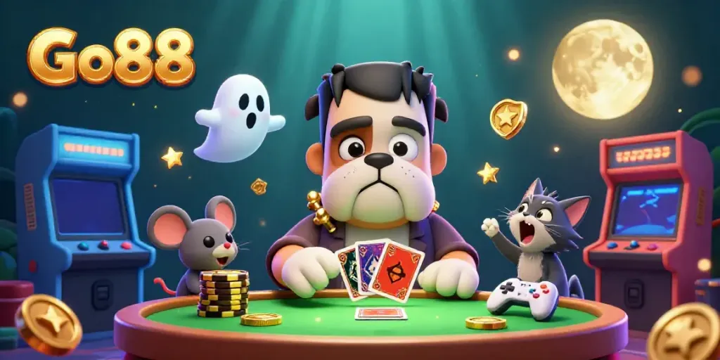 Experience the fun of Go88 with animated characters at a vibrant casino table.