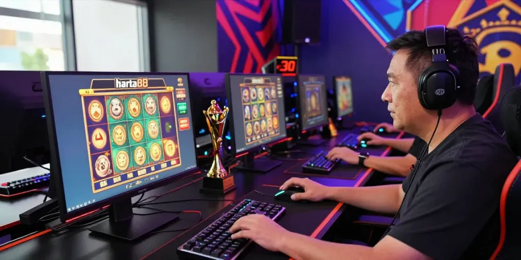 Engaged player at harta88 gaming setup showcasing vibrant slot games in a modern atmosphere.