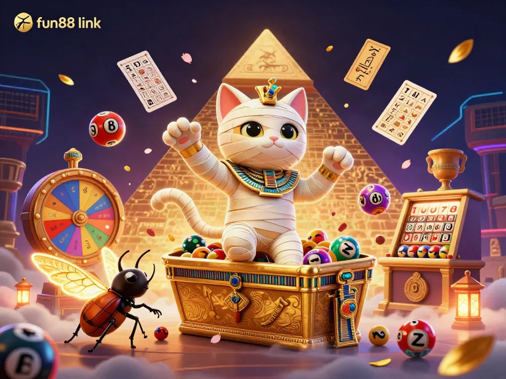 Experience thrilling action with fun88 link as an Egyptian mummy cat and scarab beetle burst from a golden sarcophagus in an exciting pyramid casino.