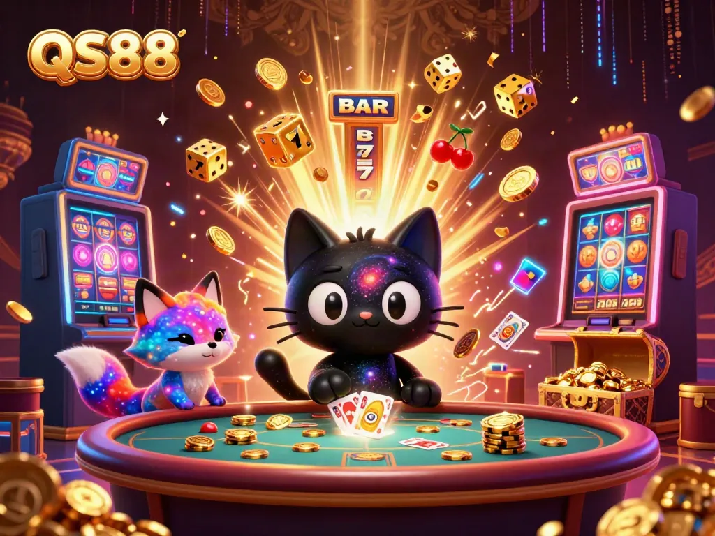 Join the cosmic fun at QS88 with a cartoon black hole cat and colorful fox in a vibrant casino scene!