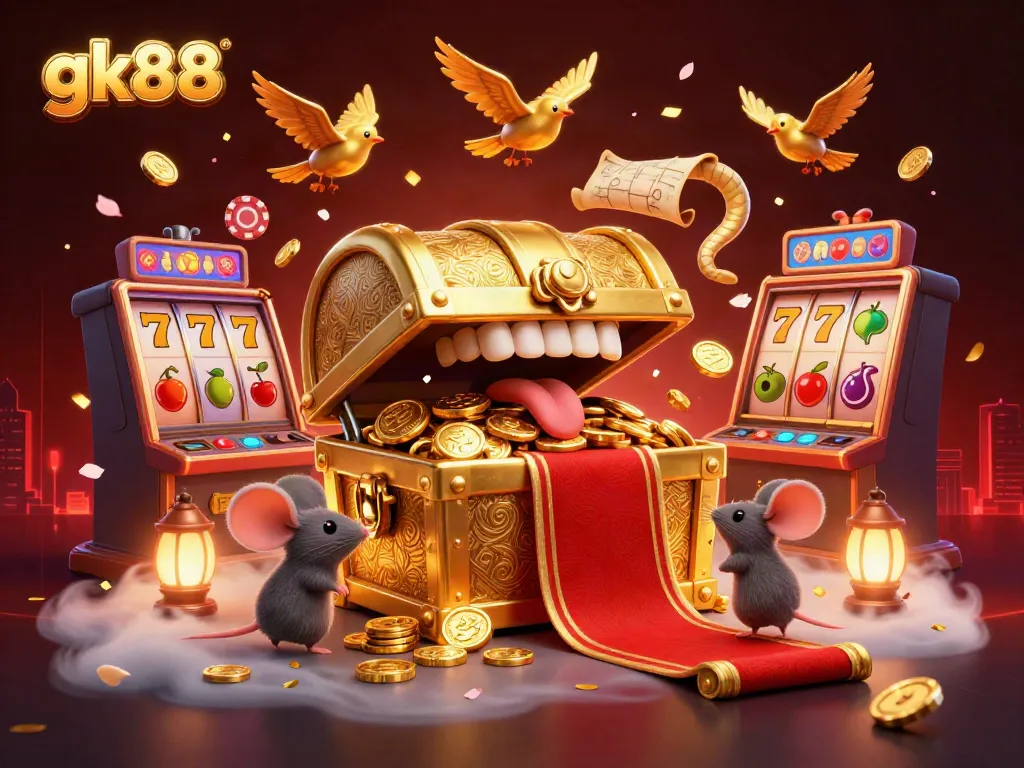 Engaging gk88 illustration depicting a golden treasure chest attracting adventurer mice amidst dynamic slot machines and festive casino elements.