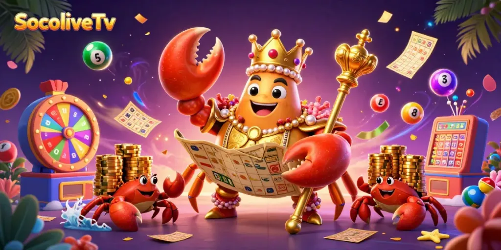 SocoliveTv presents a vibrant 3D illustration of a golden crab emperor with crab servants, highlighting the excitement of live sports streaming.