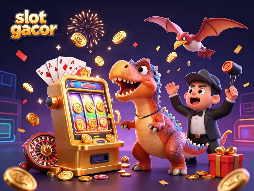 Engaging scene of slot gacor with dinosaur winning coins at a slot machine, showcasing casino excitement.