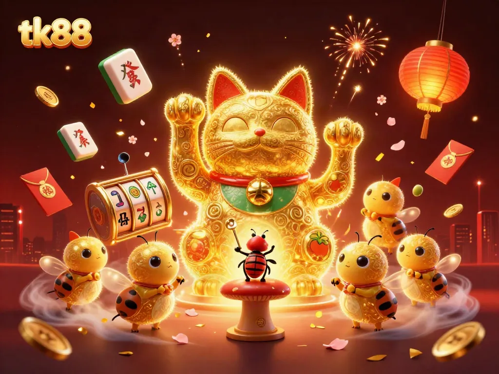 Engage with the vibrant tk88 casino experience through captivating animations of golden fireflies and lucky symbols.
