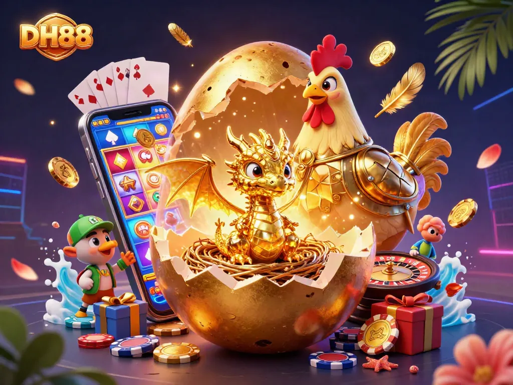 Experience the thrill of DH88 with a golden dragon and dazzling casino elements bursting forth.