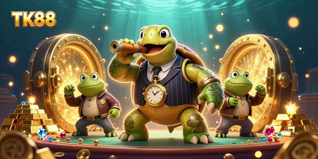 TK88 offers a vibrant casino experience with a snapping turtle mobster and bullfrog enforcers in a richly detailed scene.