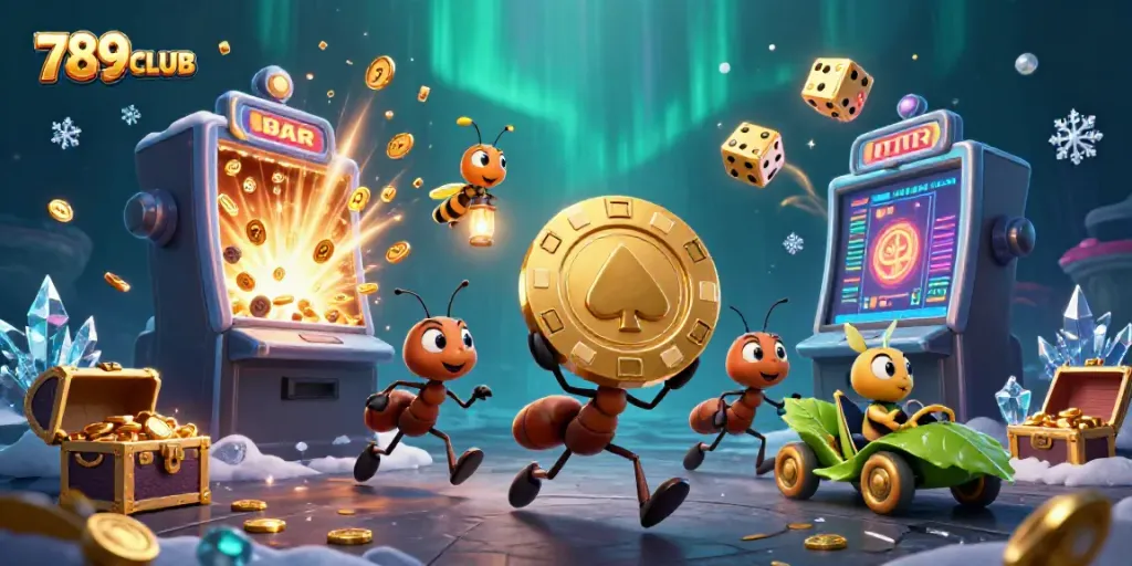 Engage in exciting gameplay with 789CLUB as cartoon ants carry a massive poker chip through a dynamic scene.