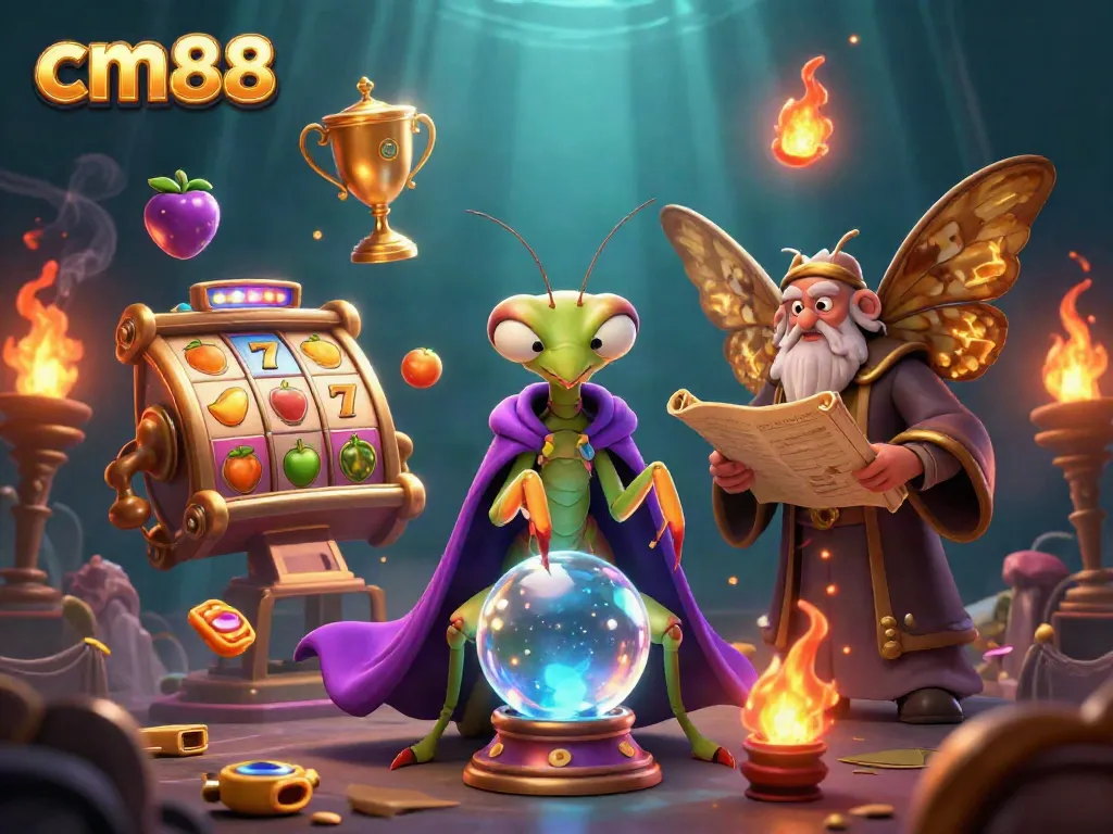 Experience thrilling gaming with cm88's vibrant slot games illustrated by a fortune teller and librarian.