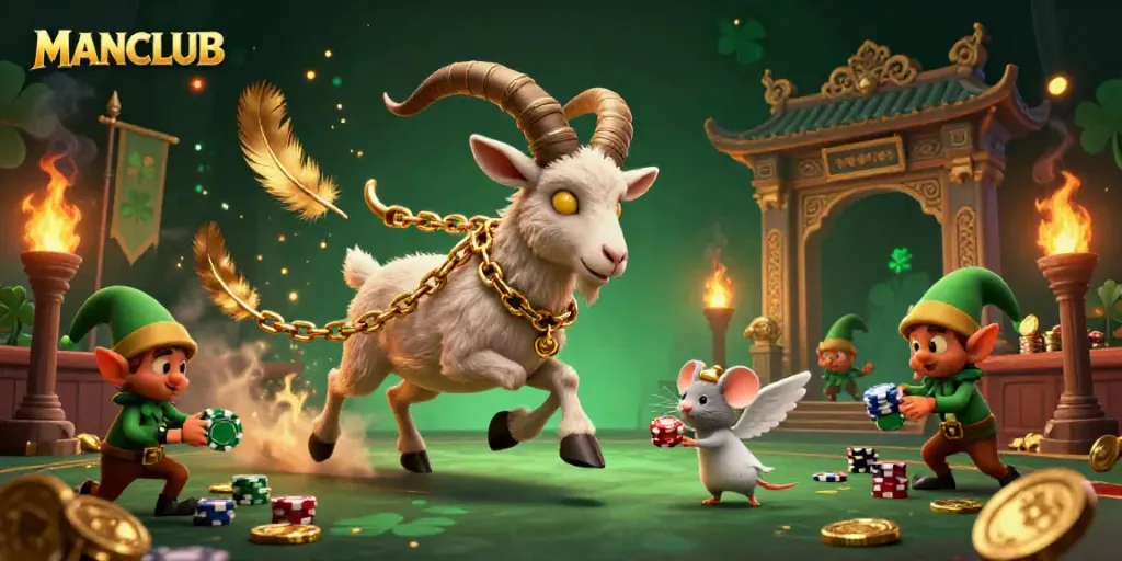 Experience MANCLUB’s thrilling casino action with a Krampus goat overseeing playful elf gremlins stealing poker chips.