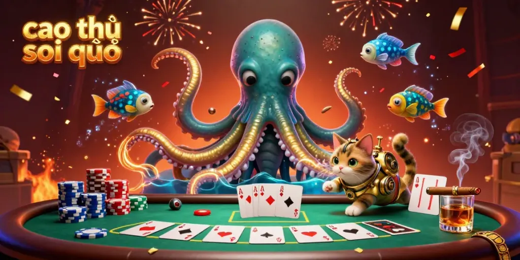 Cao thủ soi cầu showcases a captivating underwater scene with a whimsical kraken and diving cat around vibrant poker elements.