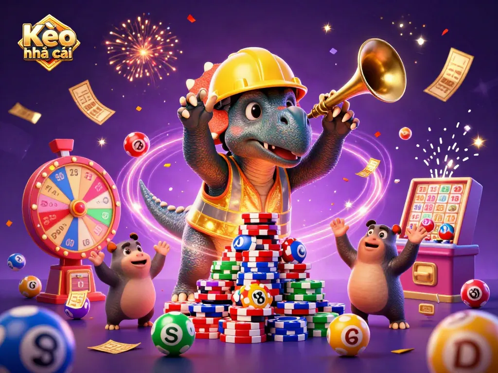 Engage in thrilling Kèo nhà cái excitement as a triceratops builds a poker chip pyramid amidst vibrant game elements.