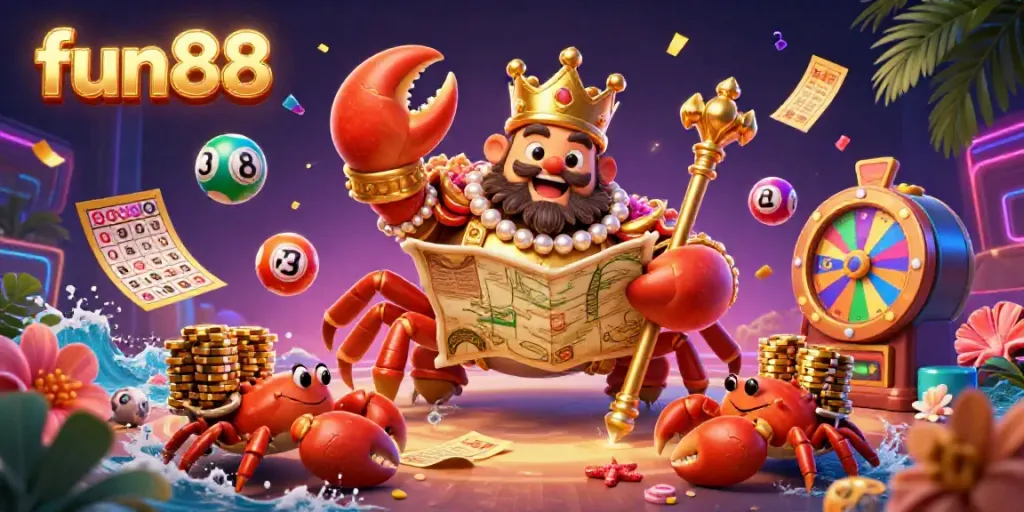 Experience thrilling fun88 lottery excitement with a golden crab emperor in a dynamic casino scene.