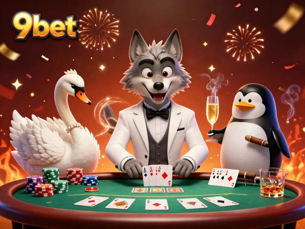 Experience vibrant 9bet gameplay with animated wolf, swan, and penguin characters in a rich casino scene.
