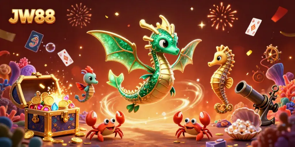 Experience thrilling wins at JW88 casino with vibrant sea creatures and treasure in a dynamic underwater scene.