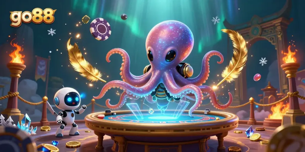 Engage with go88 through an exciting illustration featuring an alien octopus at a holographic poker table.