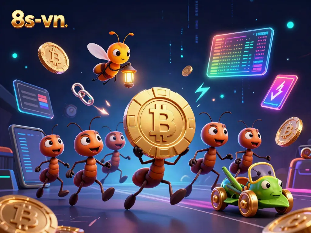 Engaging scene of 8s-vn ants heist carrying a giant poker chip amid crypto elements.