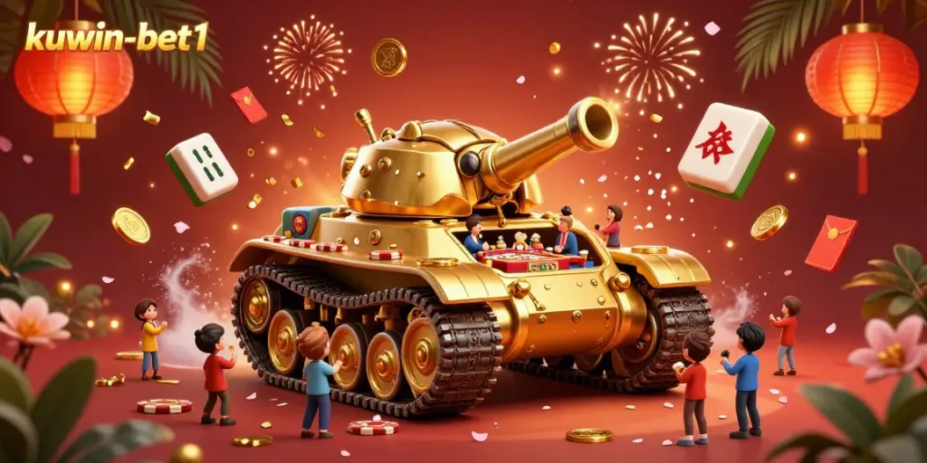 Experience joyful casino chaos with kuwin-bet1 in a vivid 3D illustration featuring a golden beetle tank and lively game elements.