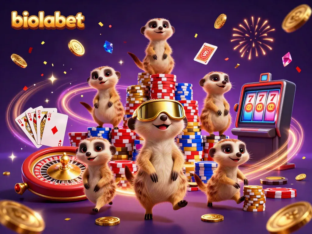 Experience the excitement of biolabet casino with lively meerkats in action, stacked chips, and a bright game atmosphere.