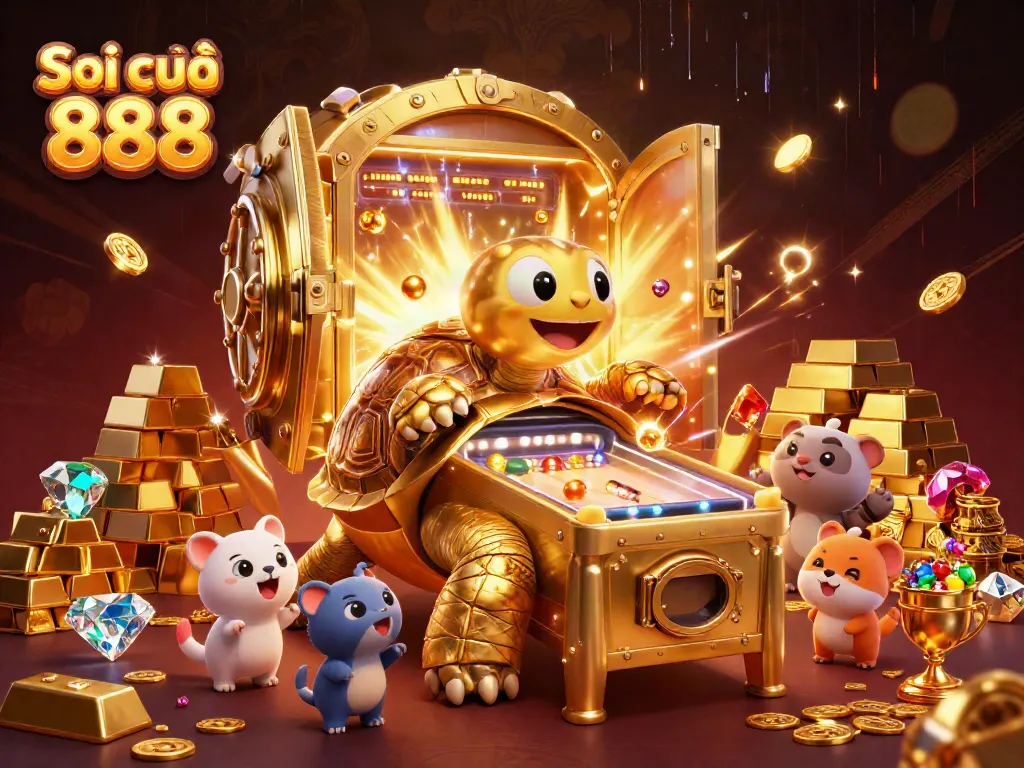 Soi cầu 888 showcases an exciting 3D scene with a golden tortoise and treasure elements, perfect for engaging players.