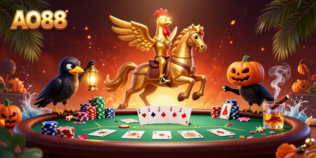 Experience thrilling gameplay at AO88 casino with a golden rooster riding a spectral horse amidst poker elements.