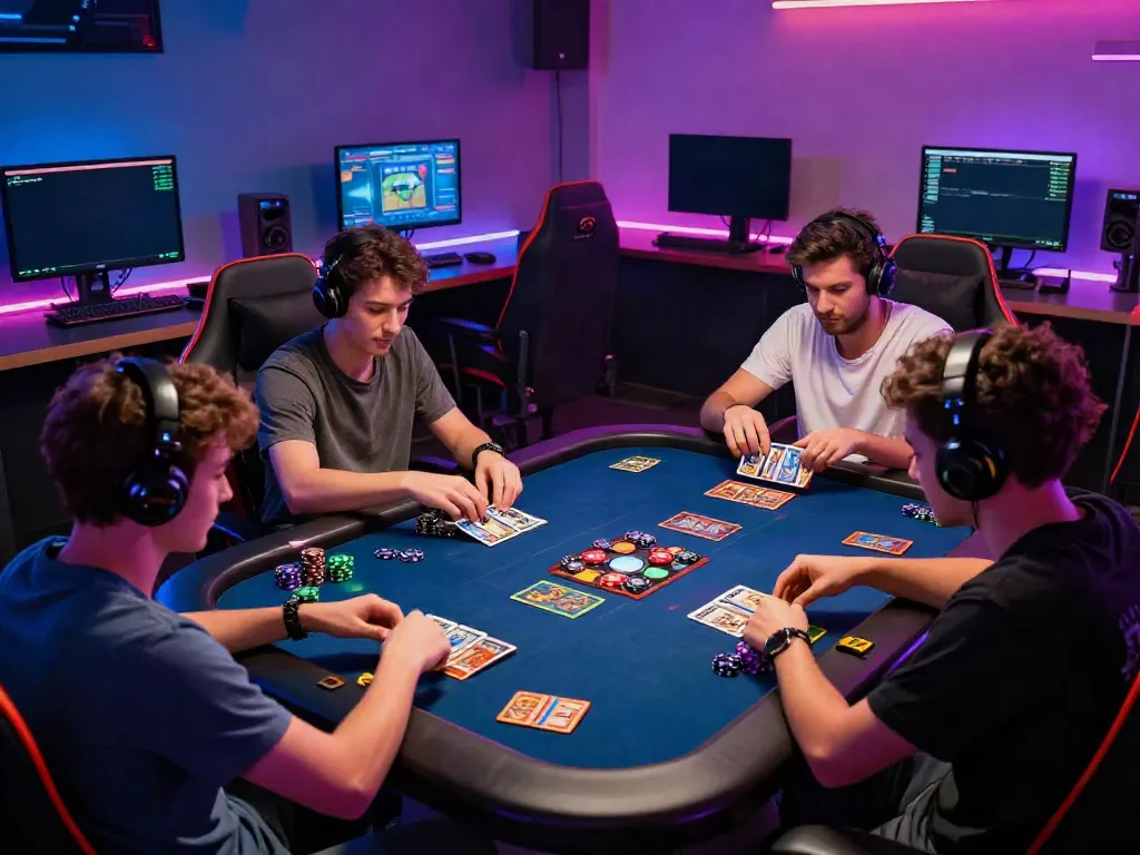 Dynamic gaming scene showcasing players at a vibrant online card game with colorful lighting at https://sunwint4.com/.