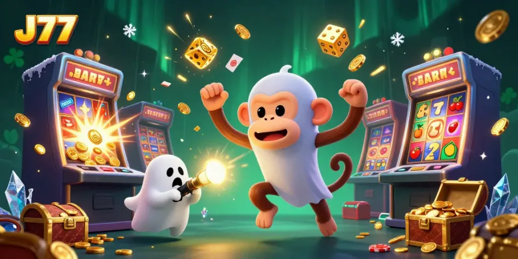 Experience thrilling gameplay with J77, where a mischievous monkey juggles casino treasures in a haunted setting.