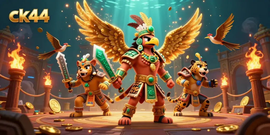 Engage with CK44's dynamic casino atmosphere featuring vivid characters and gold coins in play.