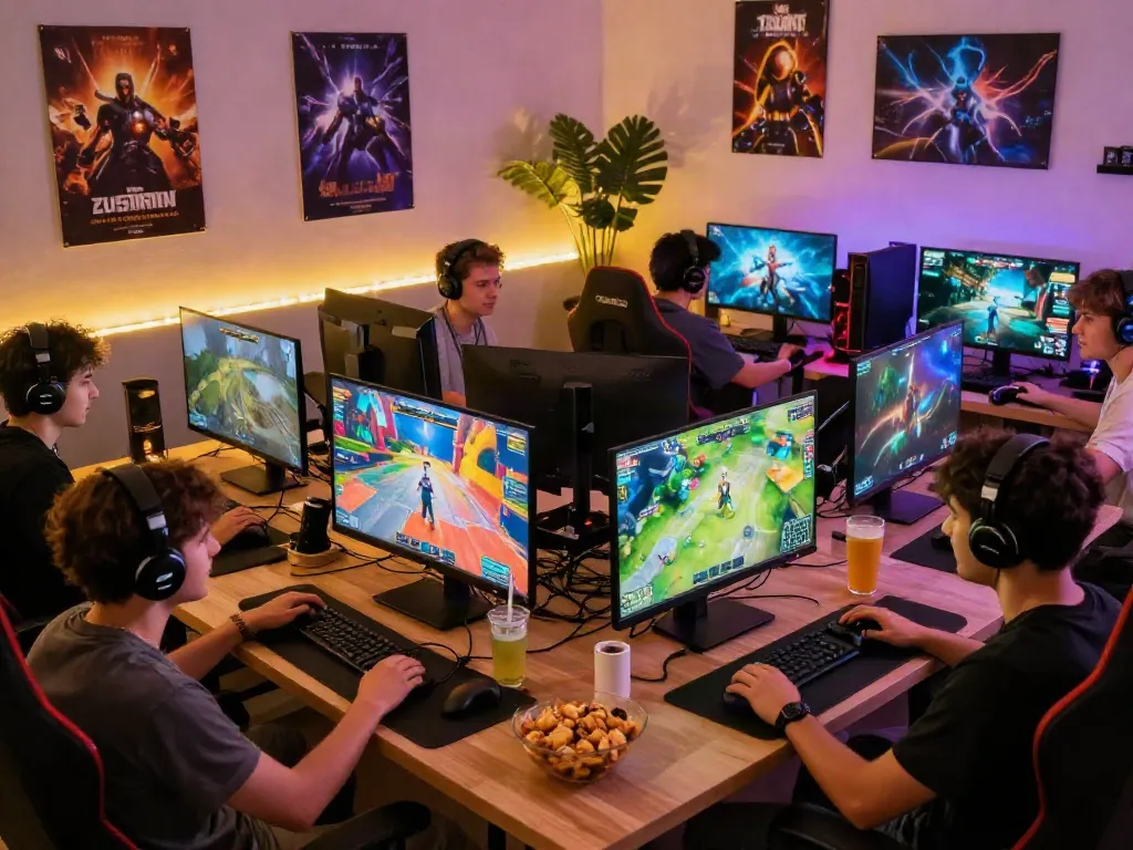 Warung168 digital gaming community engaging with colorful interfaces and lively atmosphere