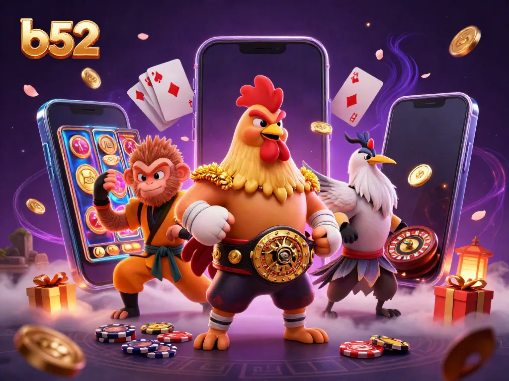 Engage with exciting b52 gaming scenes featuring vibrant characters amidst slot games and casino elements.