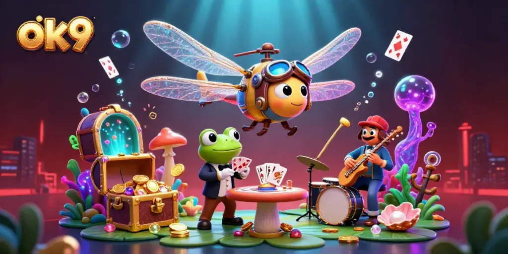 Engage with ok9's vibrant casino scene featuring dragonfly pilot and frog croupier dealing cards.
