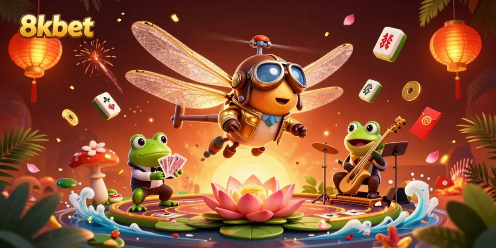Experience thrilling gaming with 8xbet's vibrant dragonfly pilot and croupier in a lively casino scene.