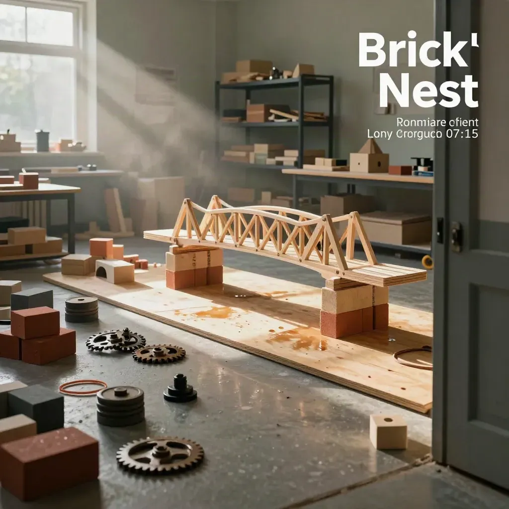 Oświetlona sala warsztatowa Brick Nest z mostem testowym, klockami i poranną mgłą po deszczu