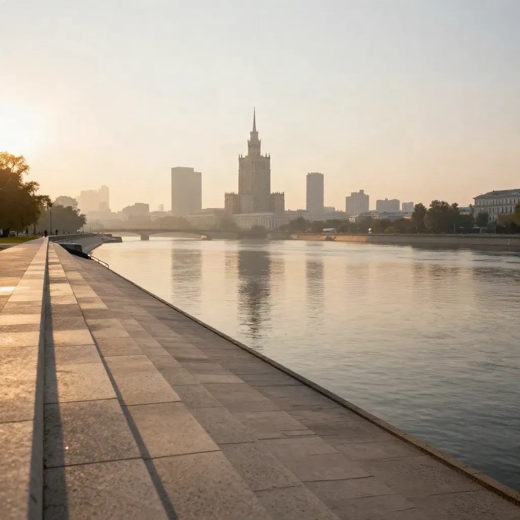 Zamglone nabrzeże Wisły i panorama Warszawy wysoko nad spokojną rzeką.