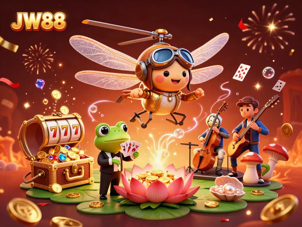 Experience excitement at JW88 with vibrant casino action featuring a frog croupier, a jazzy atmosphere, and golden treasures.