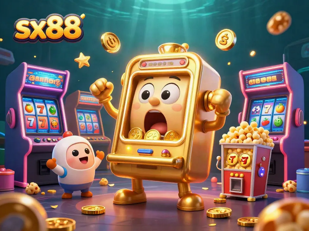 Experience the sx88 jackpot with a dynamic casino scene featuring animated slot machines and vibrant game elements.