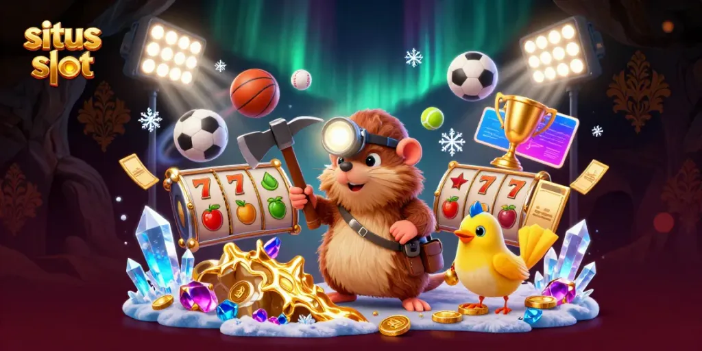 Slot gacor yang menarik dengan karakter mole dan kanari serta elemen permainan di sekelilingnya.