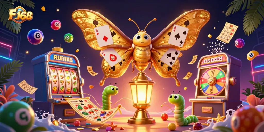 Spin to win with F 168's vibrant jackpot scene showcasing slots and lottery elements