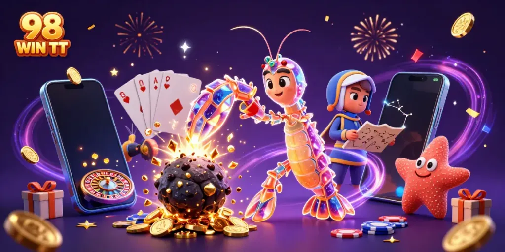 Experience the excitement of 98 WIN TT with a vibrant 3D illustration featuring gaming elements.