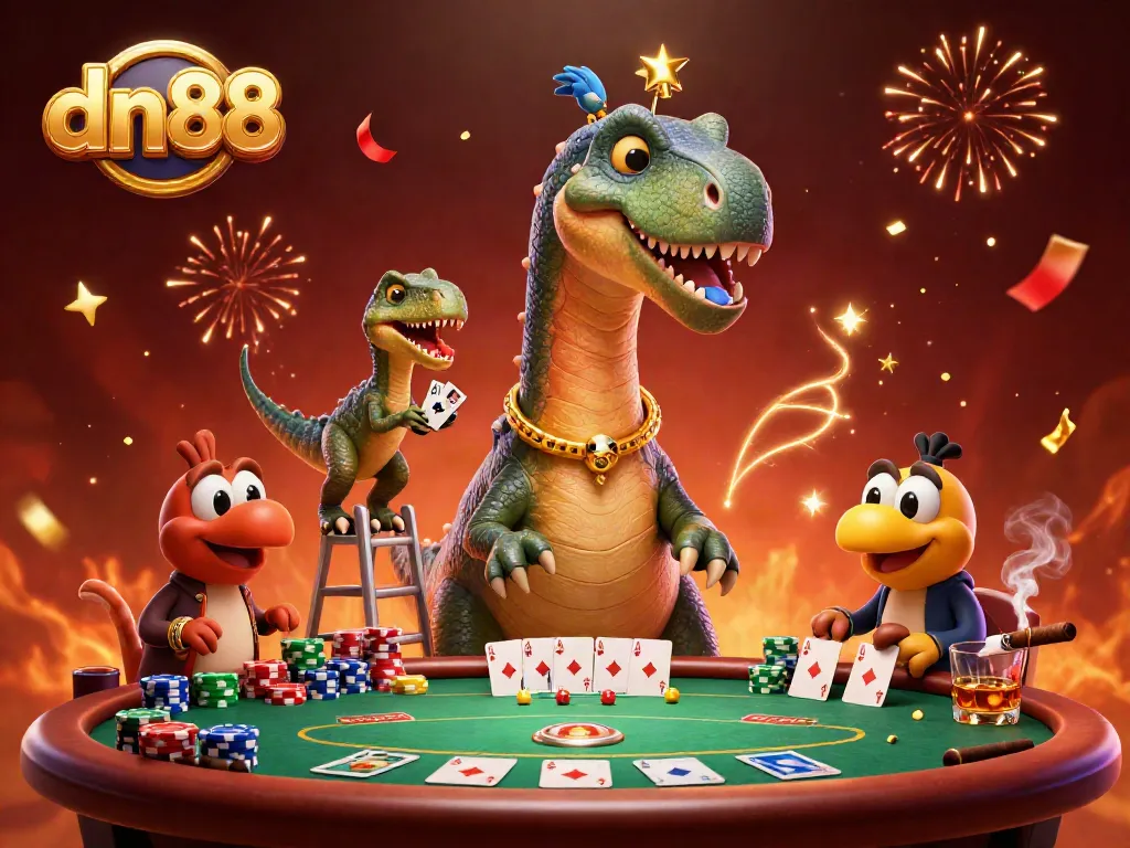 Engage in thrilling poker action at dn88 with a towering dinosaur and clever raptor dealer.