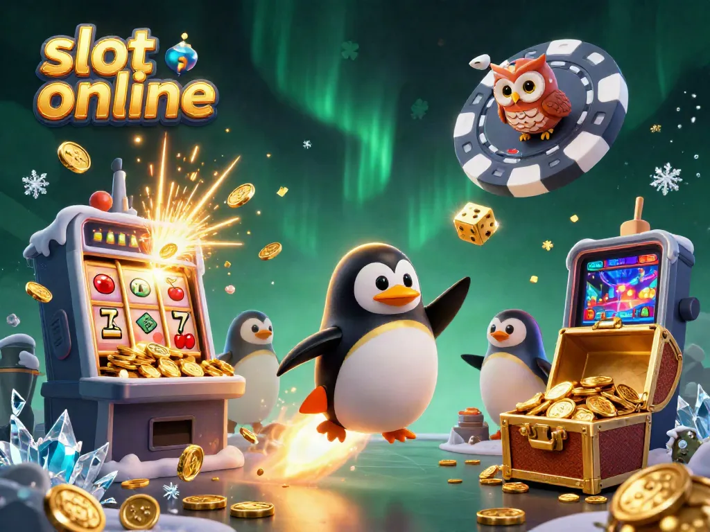 Engaging illustration of slot online action featuring a golden penguin, vibrant slots, and jackpots.