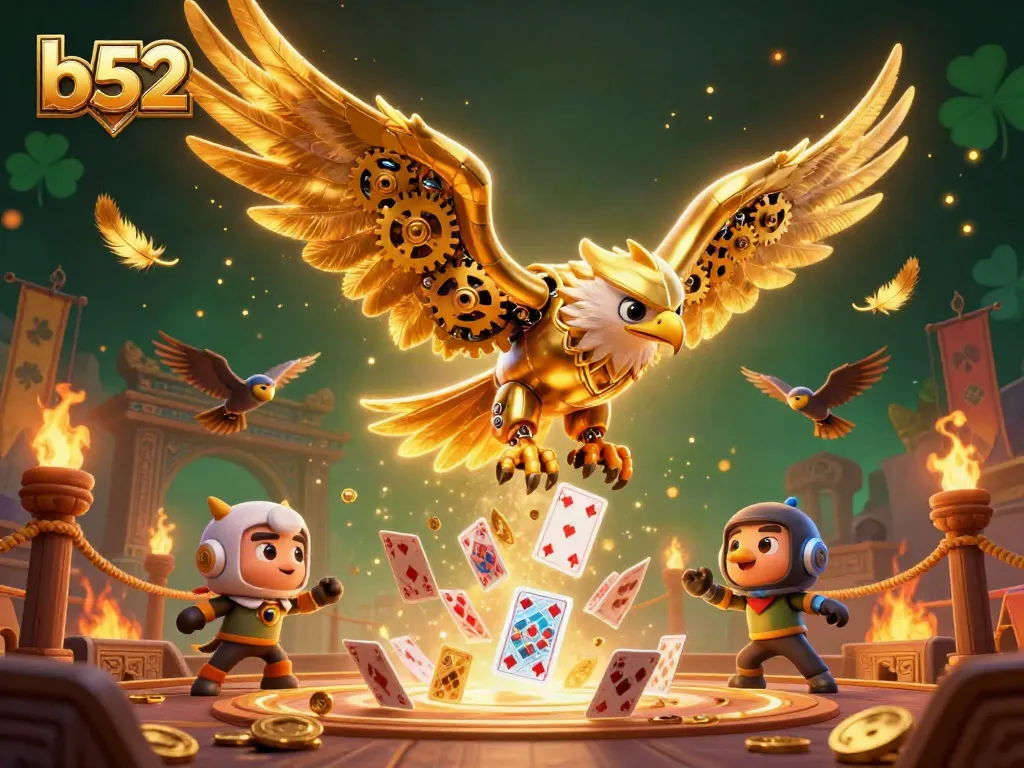 Experience thrills with b52 as a golden eagle dives through holographic playing cards in an electrifying casino scene.